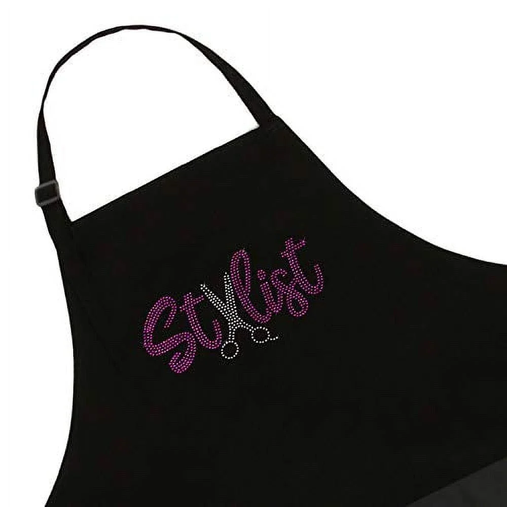 Hair Stylist Salon Apron with Pink Rhinestones Scissor Design, Black with 3 Pock